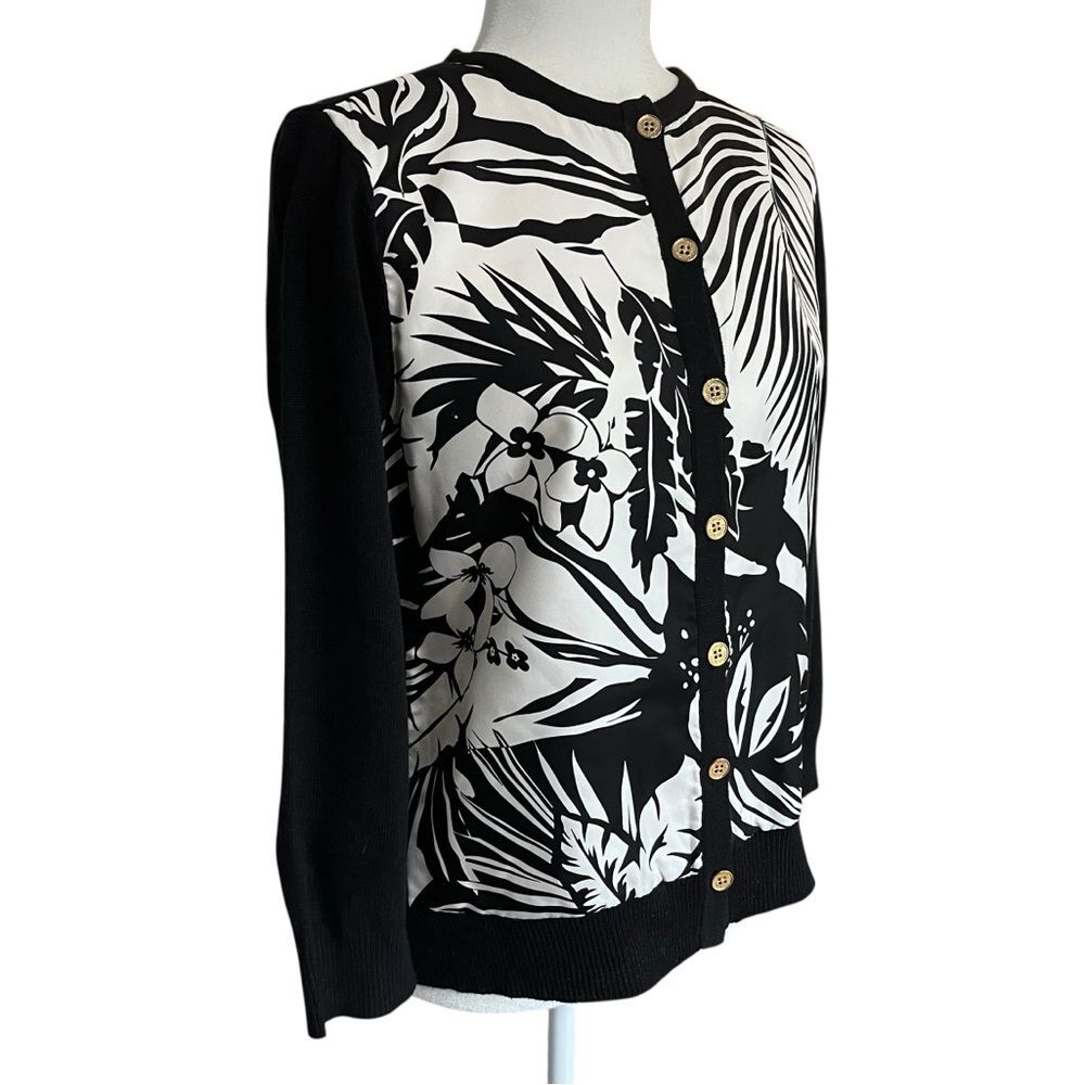 Lauren Ralph Lauren Silk Cashmere Cardigan Sweater Black White Floral Medium - Picture 3 of 6